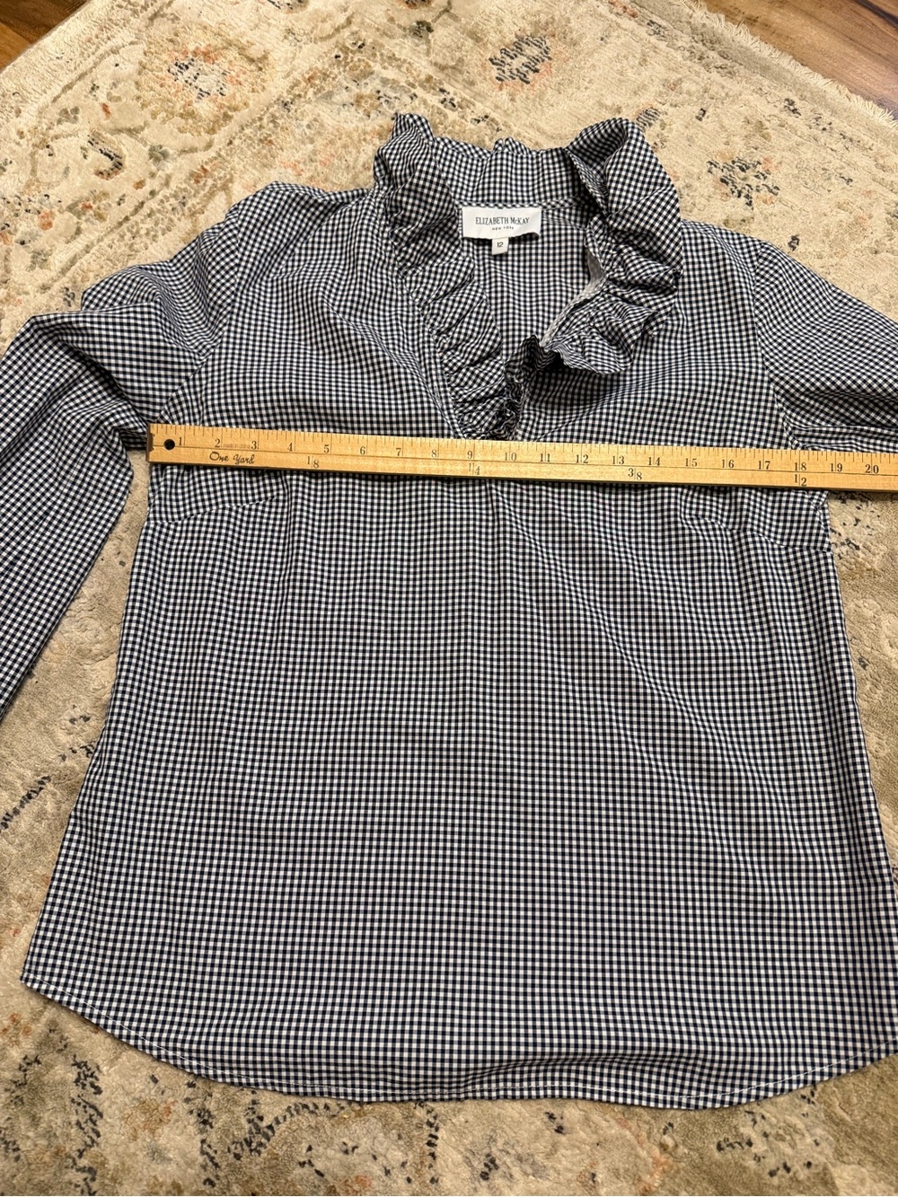 Elizabeth McKay Navy & White Gingham Ruffle V-Neck Blouse - Picture 7 of 8